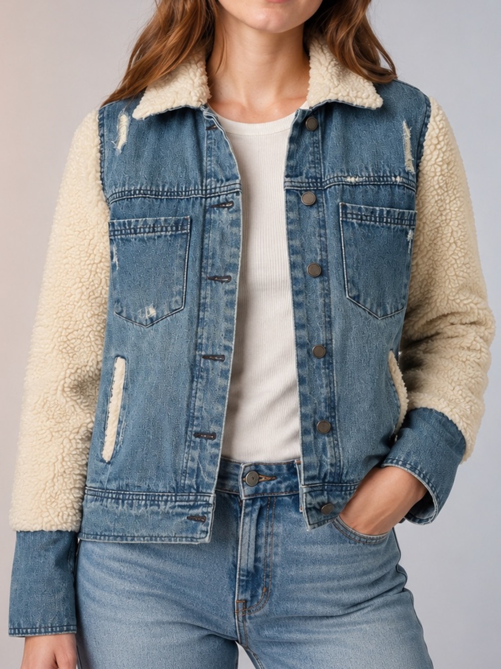 Blank NYC Blue Denim Sherpa Jacket with Teddy Sleeves XS
